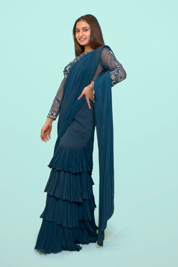 Blue Layered Lehenga Saree In Georgette With Beautiful Handwork