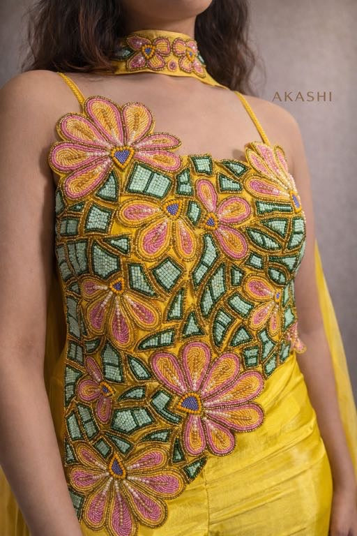 Yellow Asymmetrical Blouse with Palazzo Pants