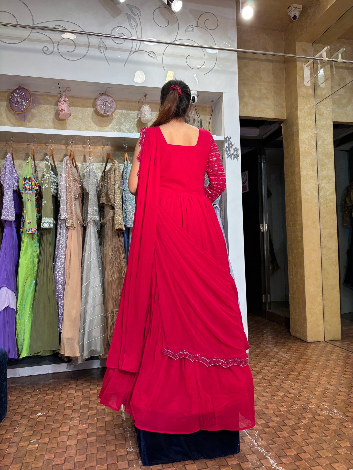 Red stylish gown with drape