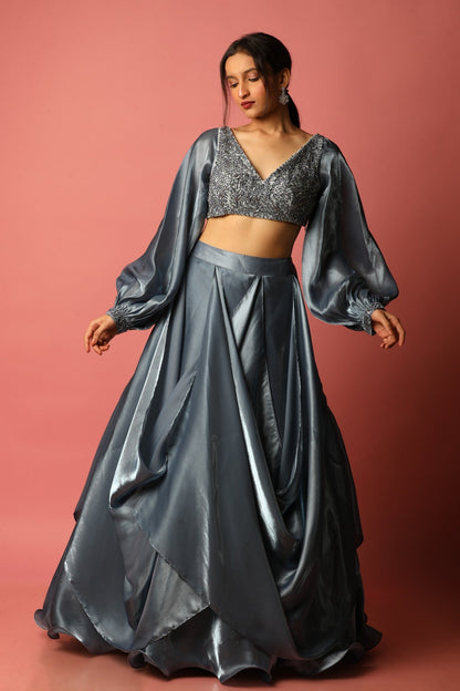Bluish Grey Cowl Lehenga And Embroidered Blouse In Shimmer Organza