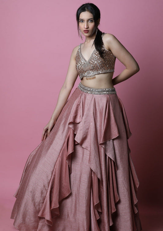 Rust Ruffle Lehenga With Diamond, Sequins And Cutdana Embroidered Blouse