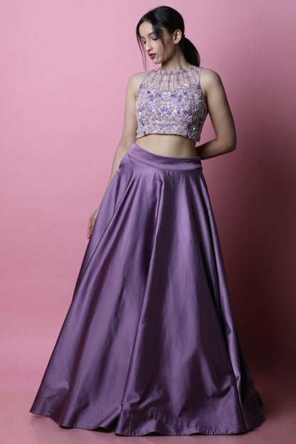 Lilac Satin Lehenga And Blouse With Heavily Embroidered Spring Blooms