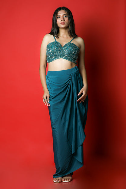 Bottle Green Drape Skirt And Crop Top With Matching Shrug In Handwork