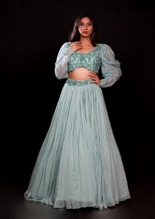 Mint Green Lehenga And Blouse Adorned With Crystal, Shell, Pot & Sequins Work