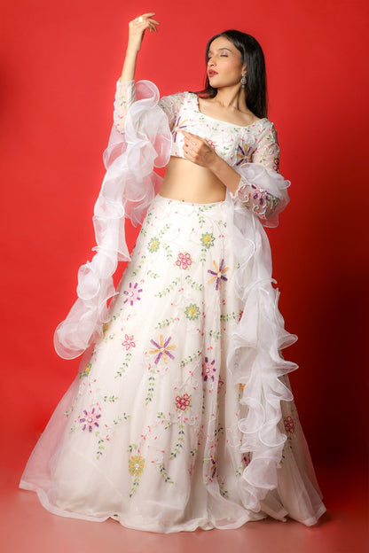 White Lehenga Choli With Multi Coloured Hand Embroidered Floral Buttis
