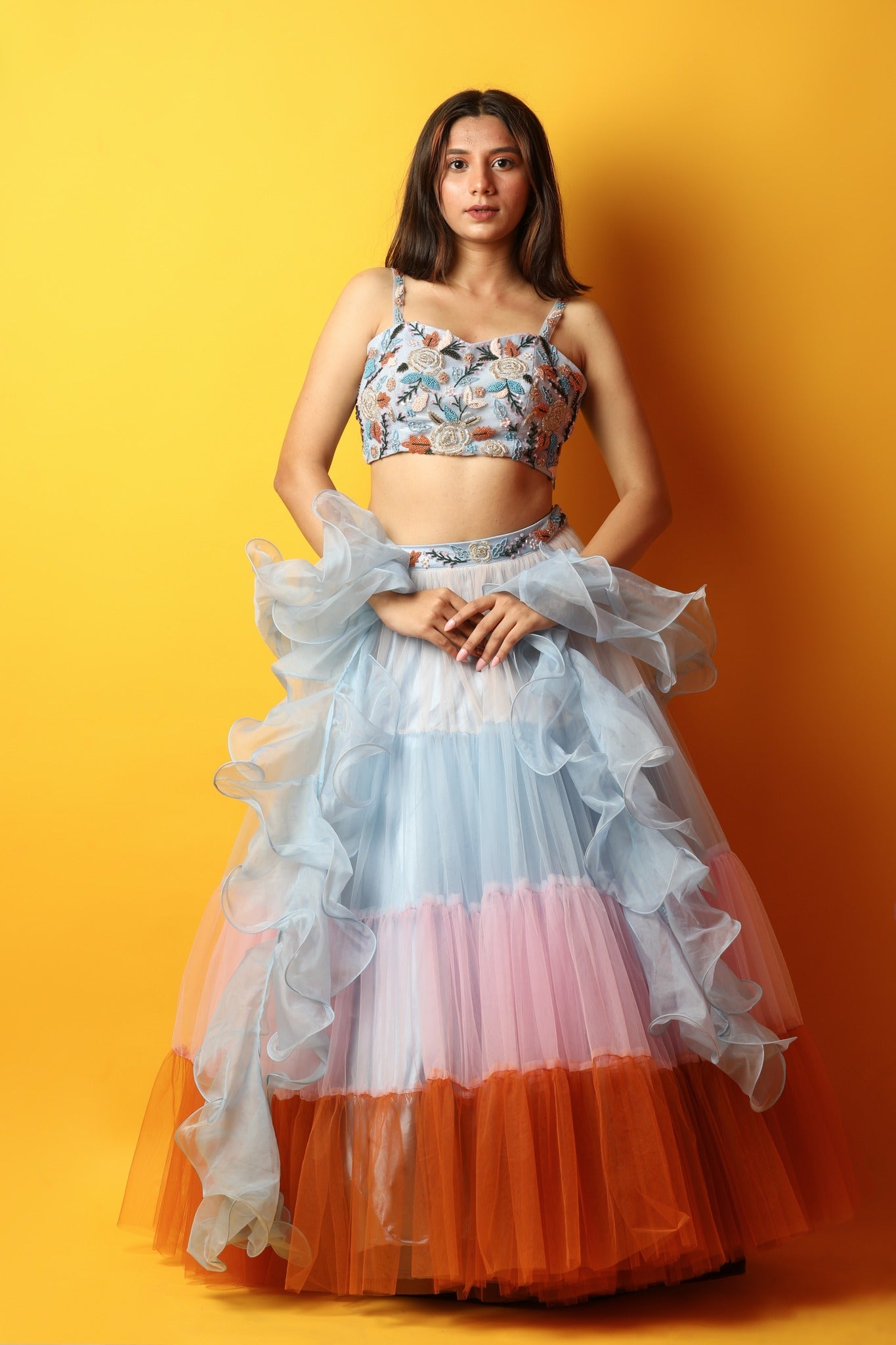 Blue 4 Tiered Lehenga And Crop top With French knots, Cut dana And Pearl Work