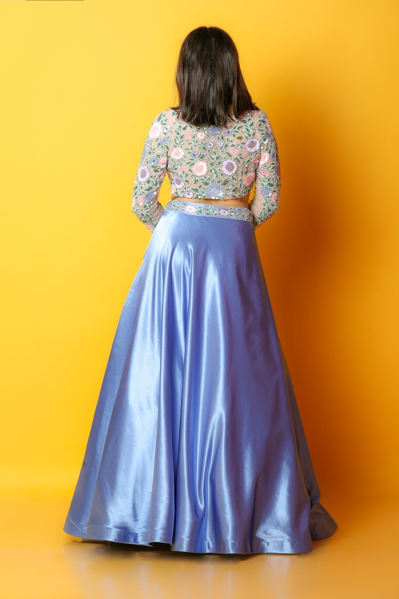 Blue Satin Lehenga And Blouse With Heavily Embroidered Colourful Spring Blooms