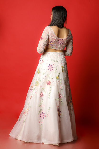 White Lehenga Choli With Multi Coloured Hand Embroidered Floral Buttis