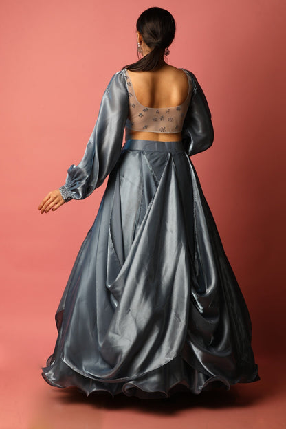 Bluish Grey Cowl Lehenga And Embroidered Blouse In Shimmer Organza