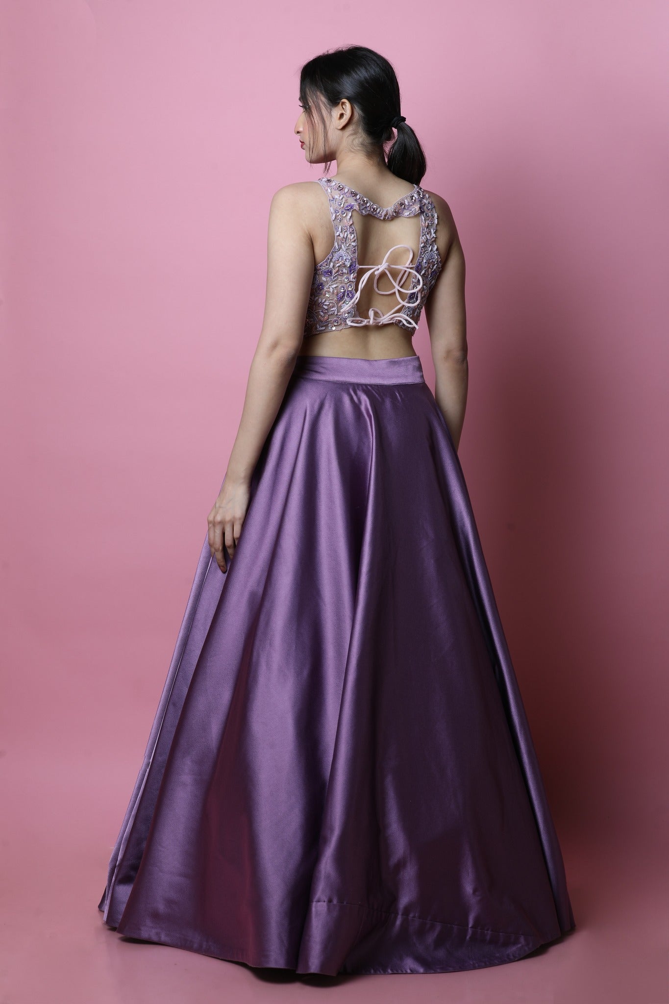 Lilac Satin Lehenga And Blouse With Heavily Embroidered Spring Blooms