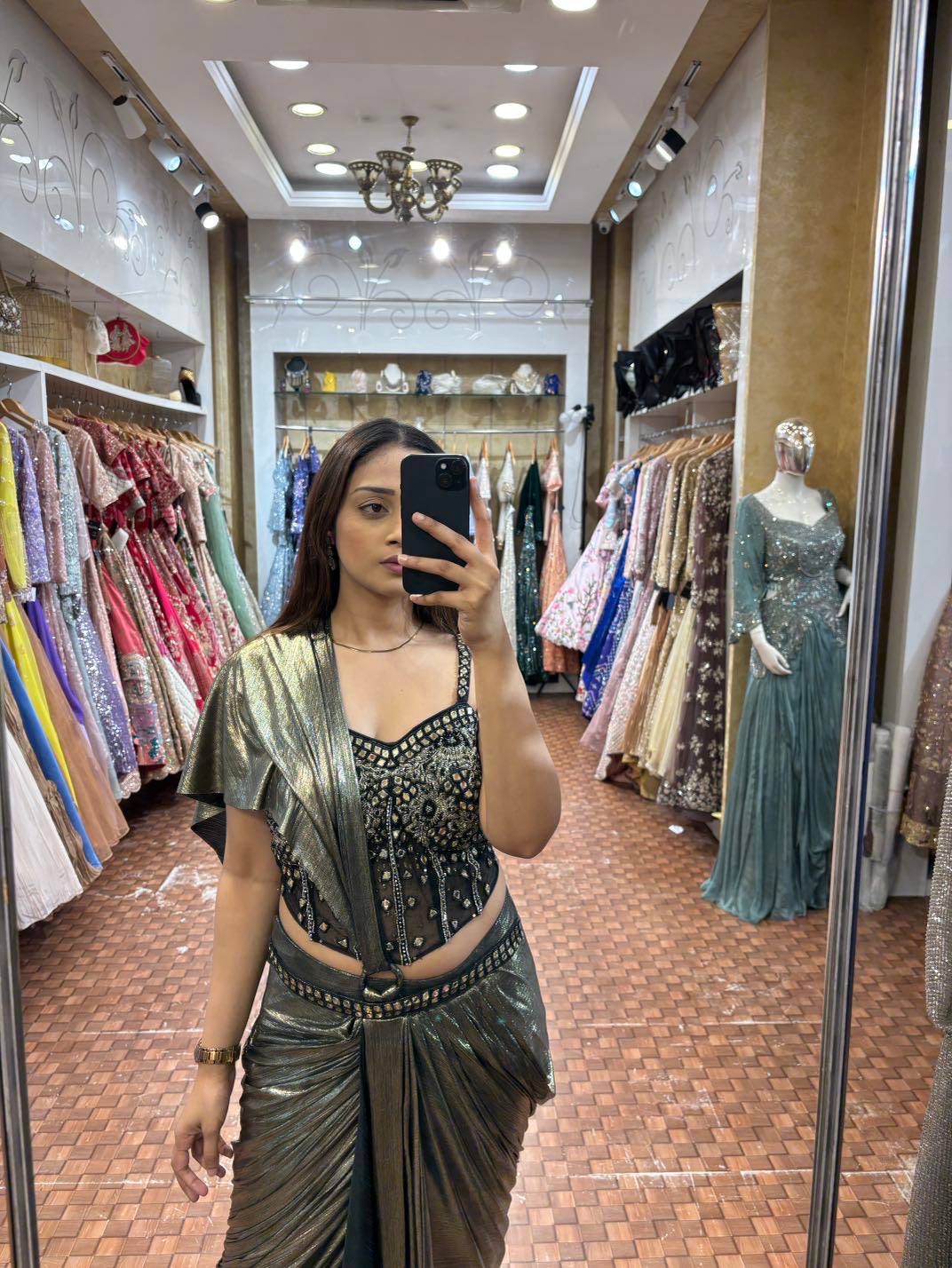 Black and copper simmering saree with corset blouse