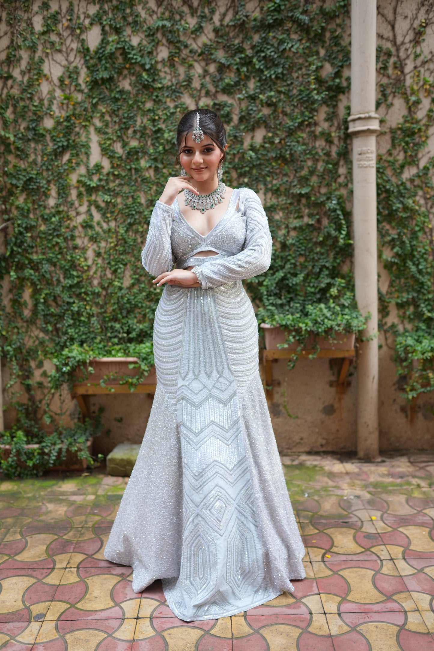 Silver Mist Hand-Embroidered Fish Cut Lehenga Set