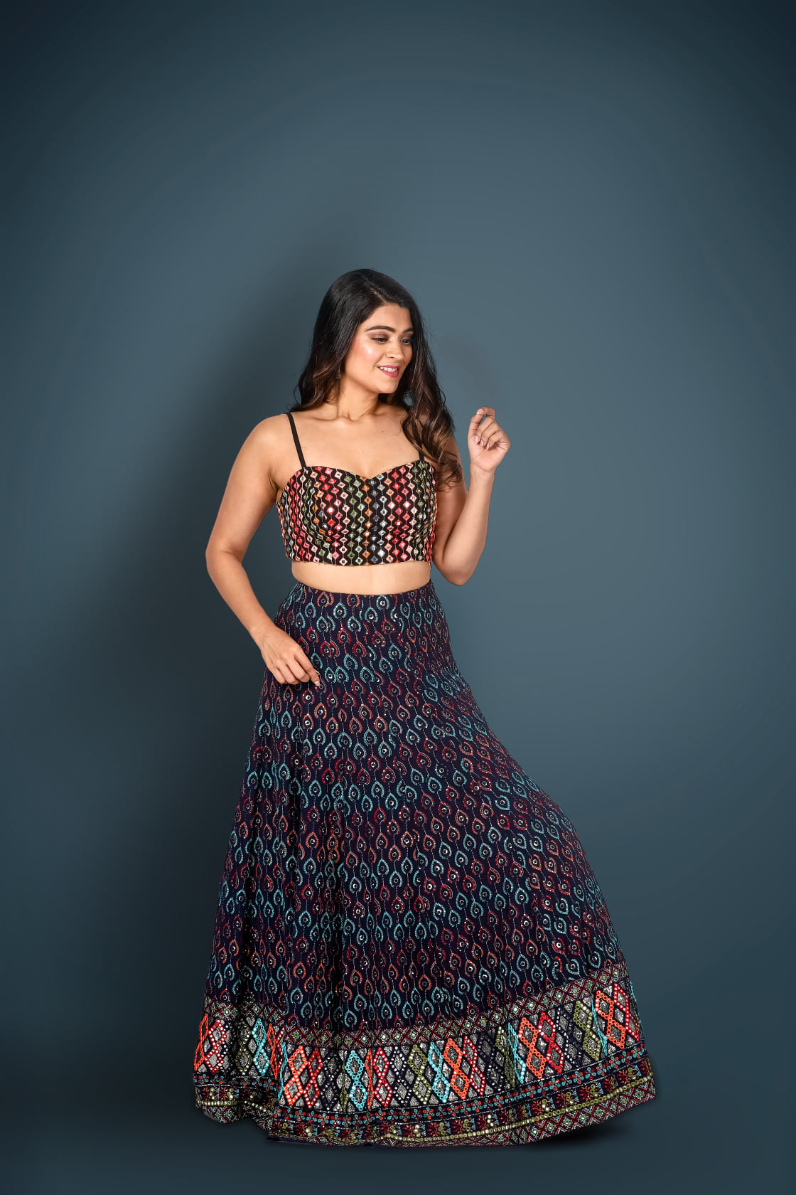Blue Lehenga And Choli With Sequins And Multicolour Thread Embroidery