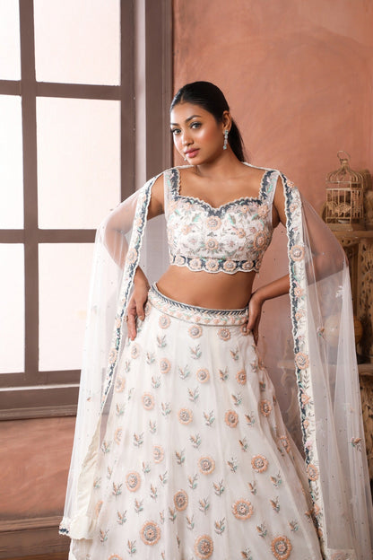 Off White Embroidered Lehenga with sweetheart neckline