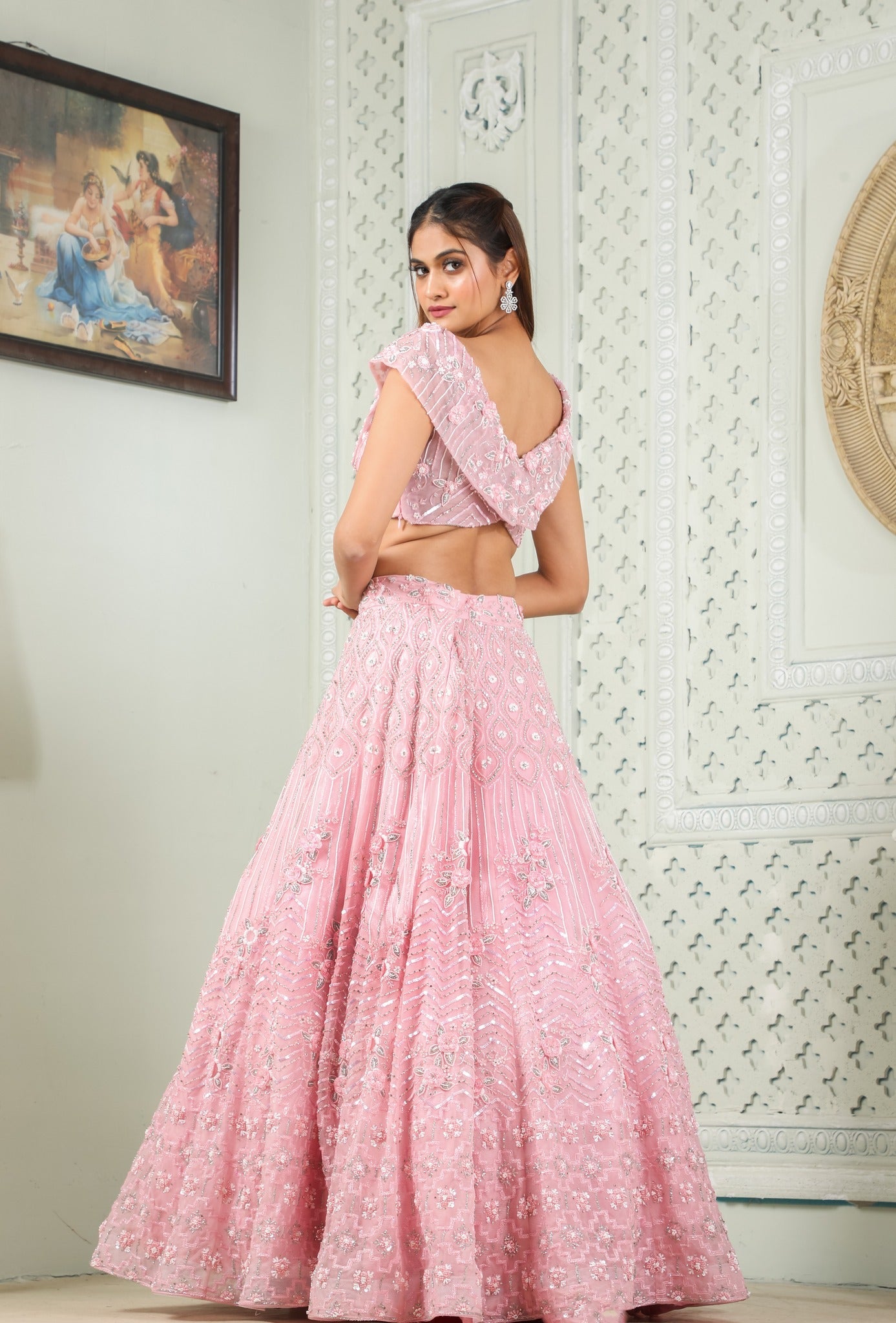 Pink Skirt In Organza With Heavy Handwork Emphasising Graphic Look