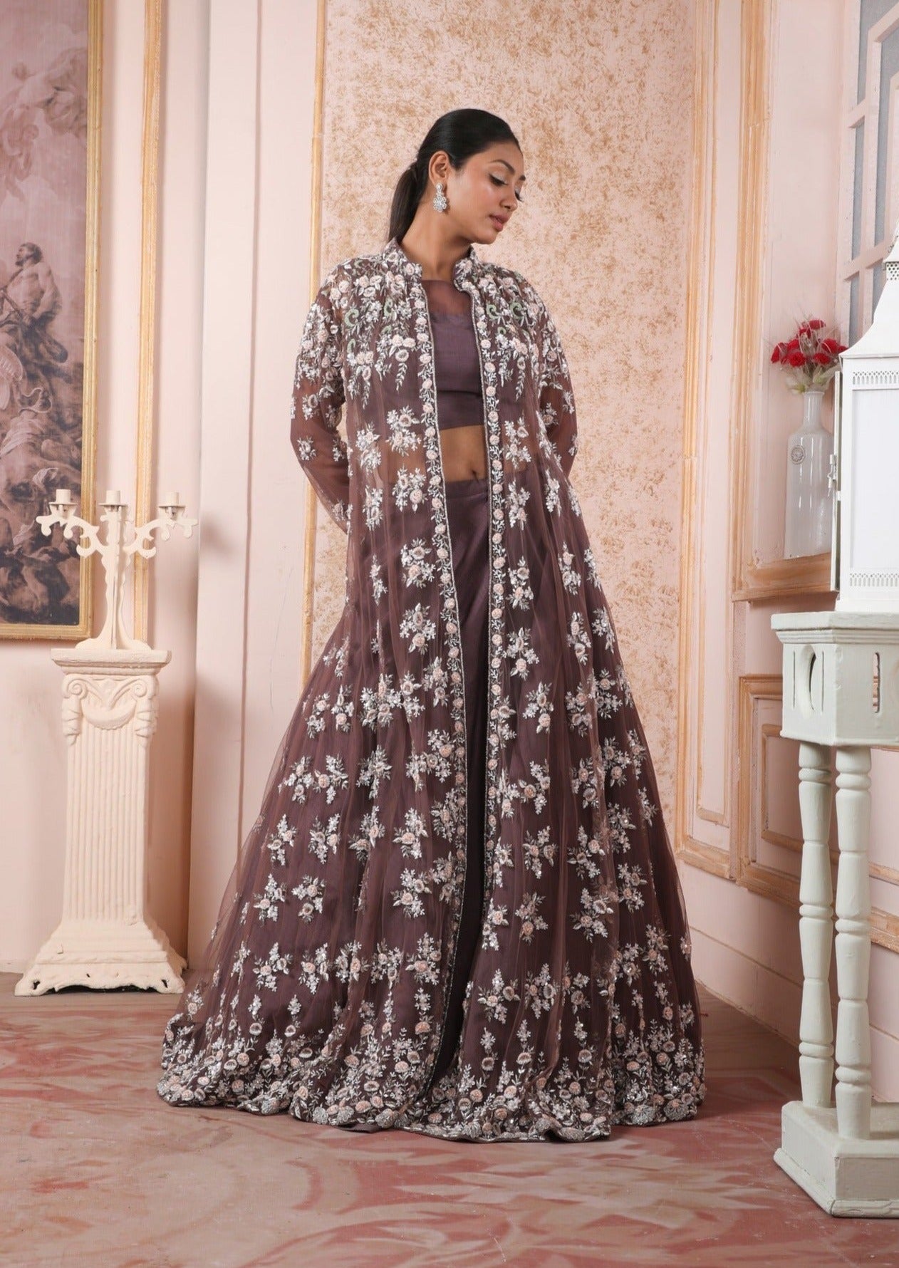 Brown Lehenga And Blouse With Zardosi Handwork Jacket