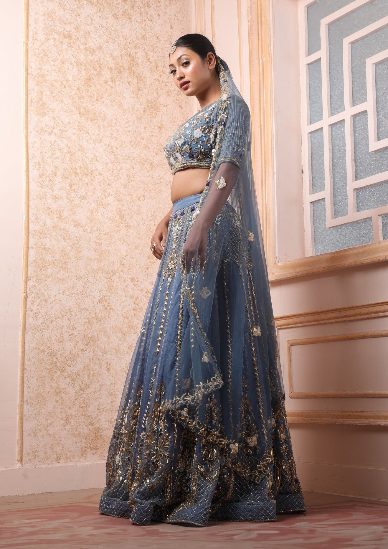 Blue Yonder Lehenga And Choli In Organza With Kutdana,Antique & Crystal Work
