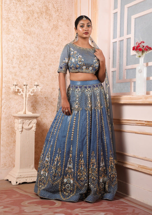 Blue Yonder Lehenga And Choli In Organza With Kutdana,Antique & Crystal Work