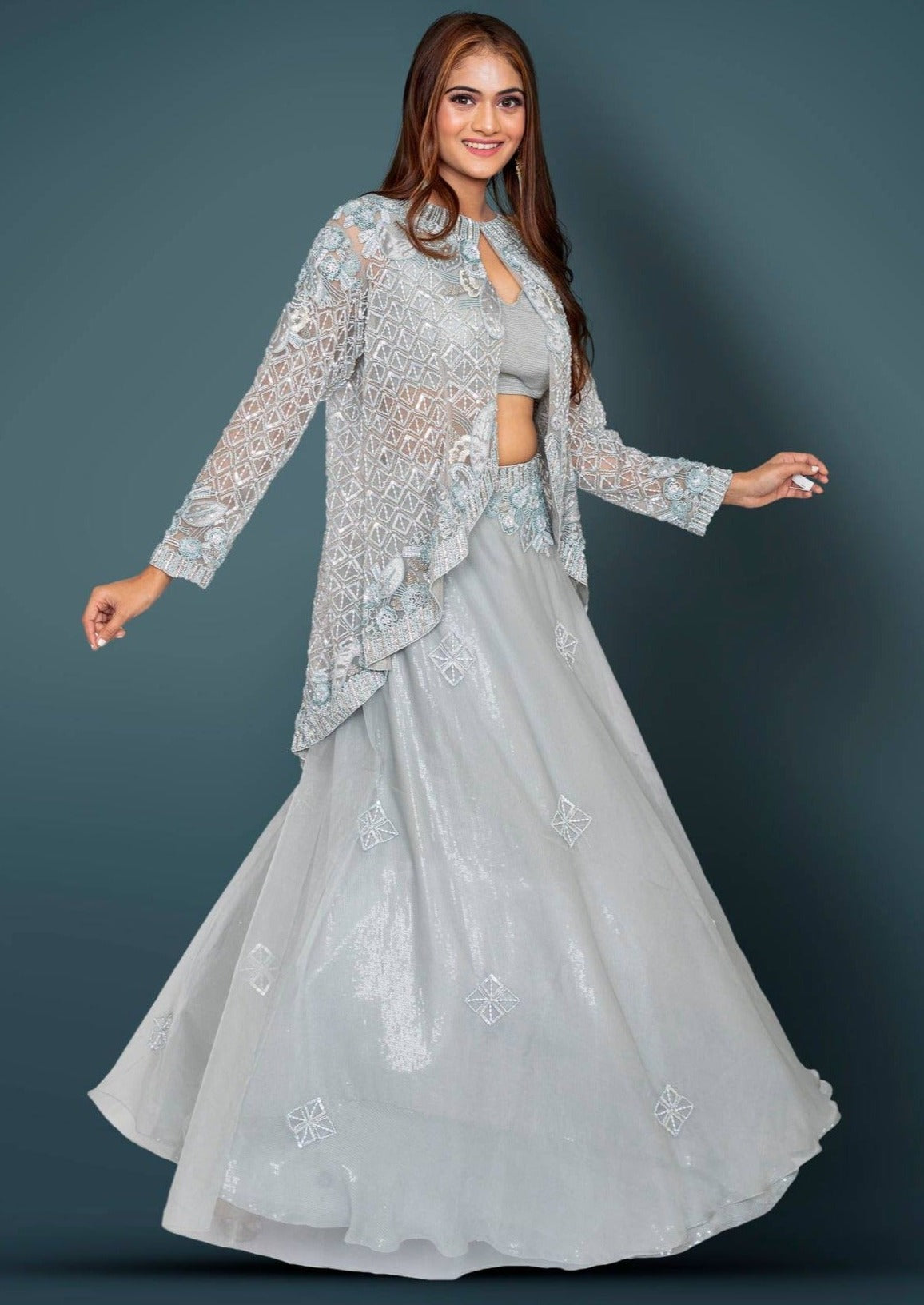 Pastel Aqua Green Lehenga, Sequins Croptop And Heavy Handwork