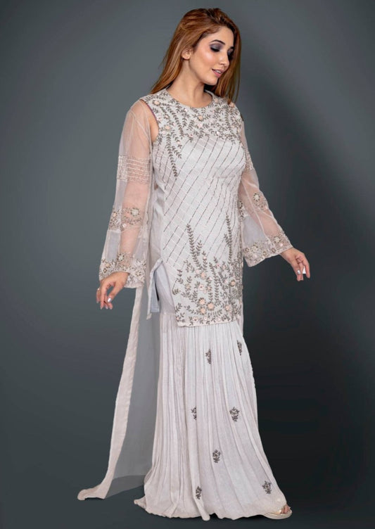 Grey Sharara Suit With Zardosi, Sequins, Cutdana And Resham Embroidery