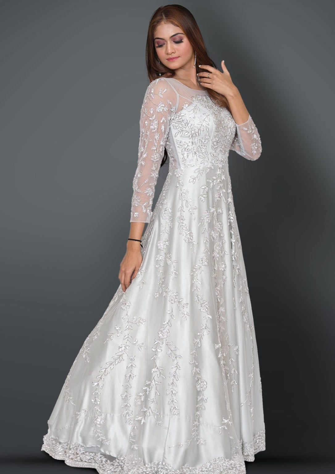 Grey Heavy Net Gown Embellished With Sequins And Cutdana Western Handwork