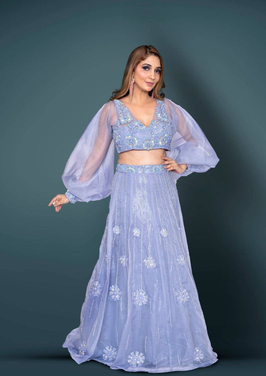 Blue Lehenga, Blouse With Trendy Balloon Sleeves Enhanced With Cutdana And Beads