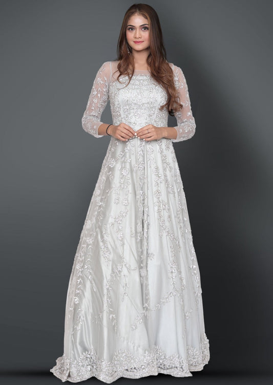 Grey Heavy Net Gown Embellished With Sequins And Cutdana Western Handwork