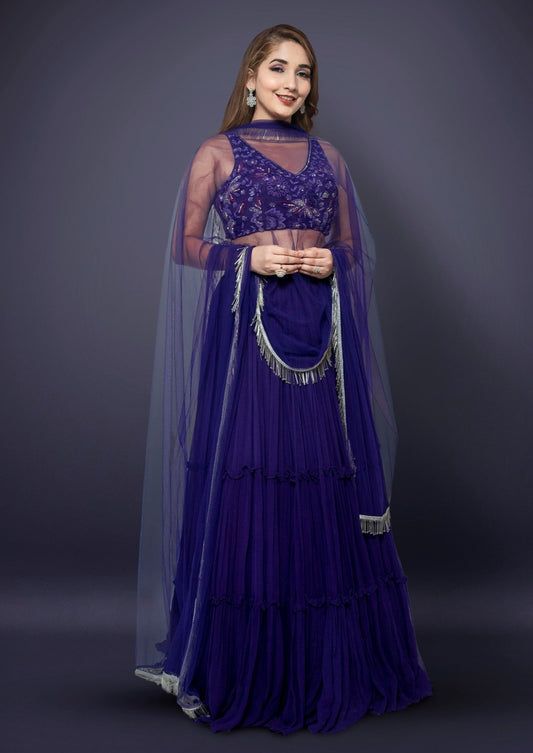 Purple Tiered Lehenga  Choli With Western Crystal, Cutdana, Pot And Sequins Work