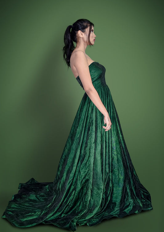 Green Tail Gown In Velvet