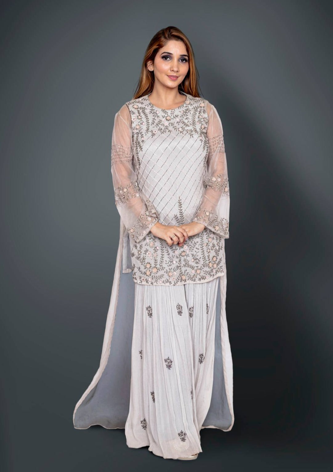 Grey Sharara Suit With Zardosi, Sequins, Cutdana And Resham Embroidery
