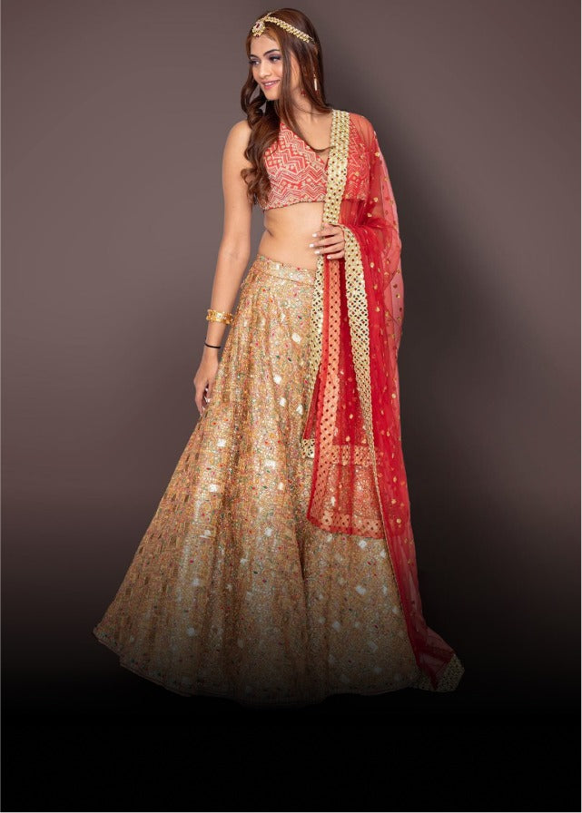 Golden Lehenga And Red Croptop With Sequins And Cutdana Work