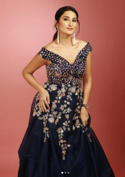 Blue Gown In Organza With Multicolour Imported Sequins And Cutdana Work