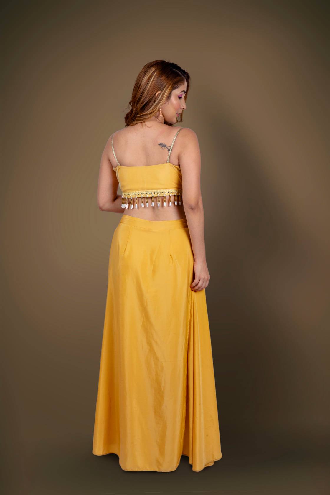 Yellow Crop Top Dhoti Suit With Handwork And Sleeveless Blush Pink Jacket