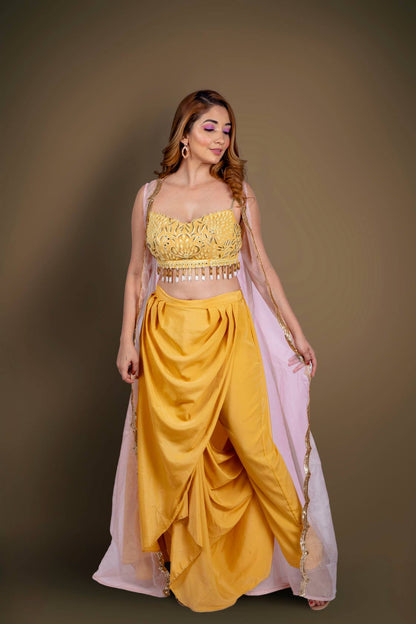 Yellow Crop Top Dhoti Suit With Handwork And Sleeveless Blush Pink Jacket
