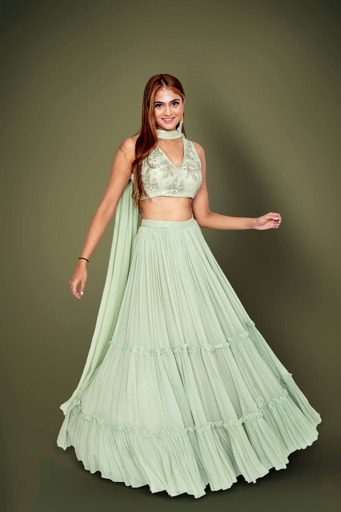 Lily Green Tiered Lehenga With Western Crystal, Zardosi And Sequins Work