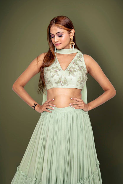 Lily Green Tiered Lehenga With Western Crystal, Zardosi And Sequins Work