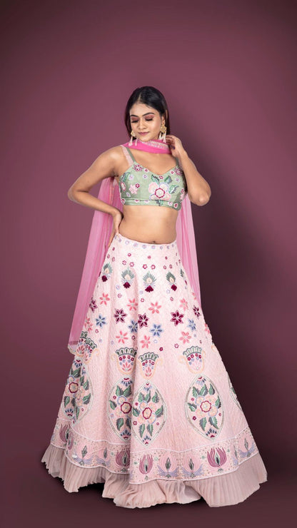 Pink Skirt And Green Crop Top With Multicoloured Resham And Cutdana Embroiderey