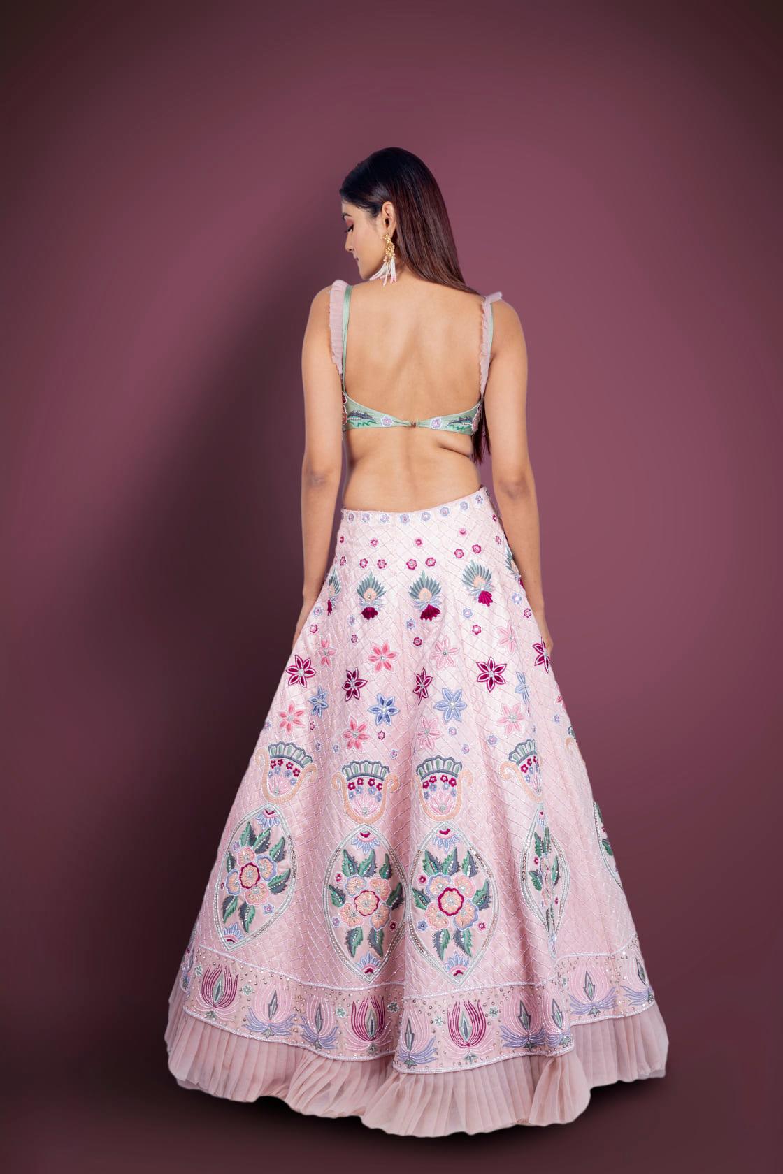 Pink Skirt And Green Crop Top With Multicoloured Resham And Cutdana Embroiderey