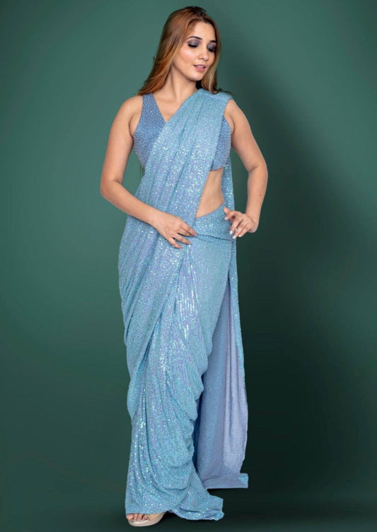 Blue Ready Pleated Saree In Sequins Fabric With A Matching Blouse