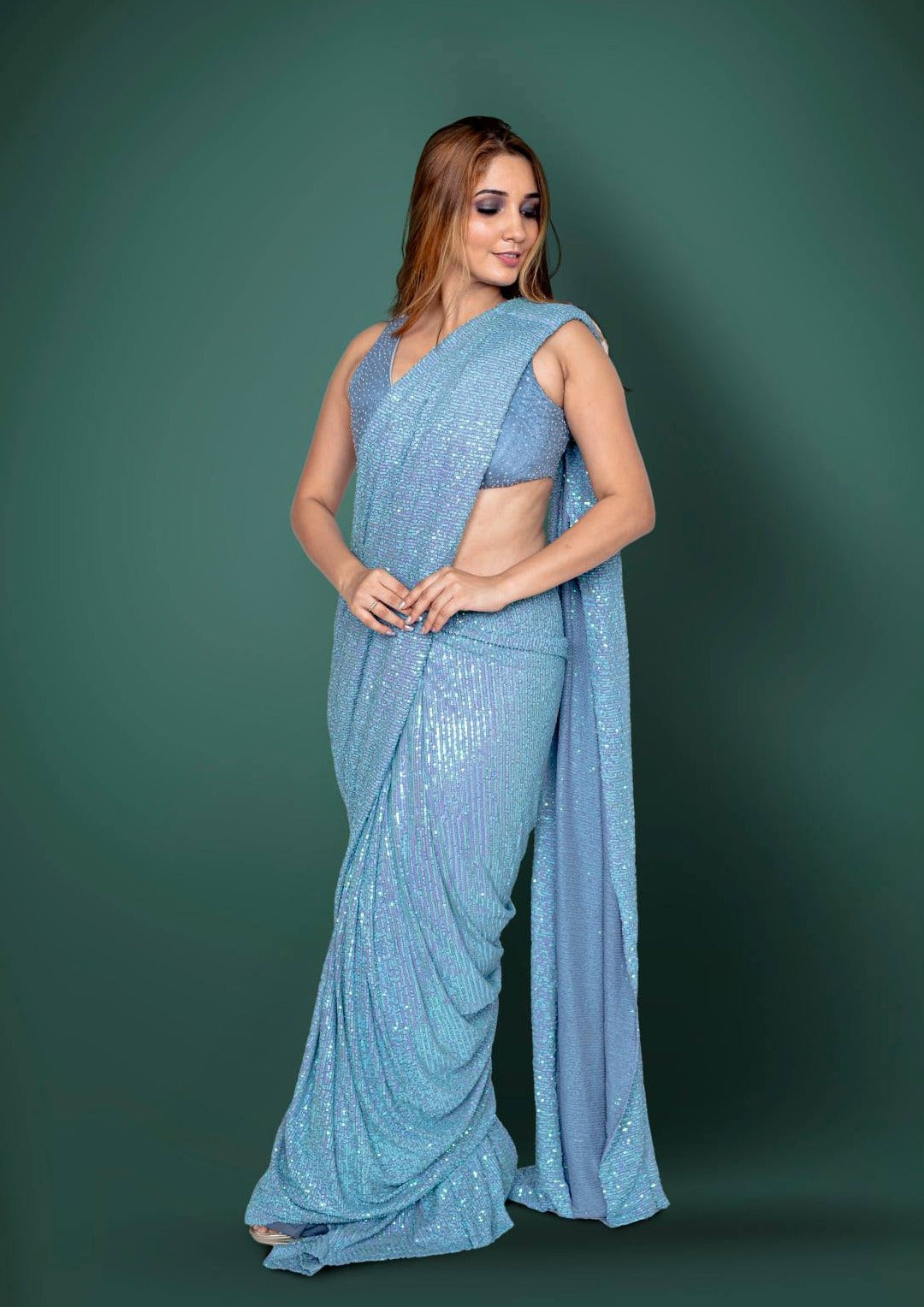 Blue Ready Pleated Saree In Sequins Fabric With A Matching Blouse