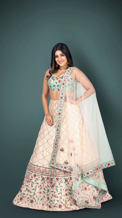 Off-White Embroidered Lehenga And Green Blouse With Dupatta