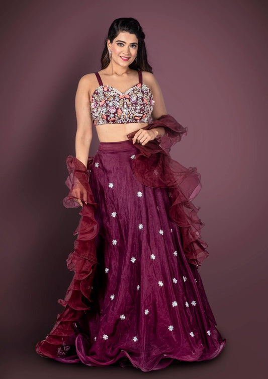 Wine Lehenga In Organza With Butti Work And Hand Embroidered Choli With Dupatta