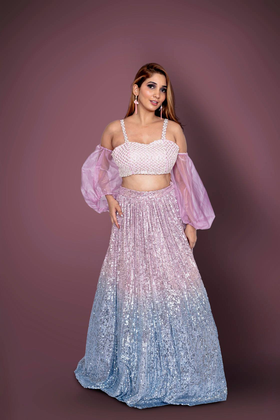 Pink And Blue Shaded Sequins Lehenga With Sequins And Pearl Work Choli