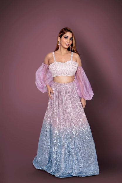 Pink And Blue Shaded Sequins Lehenga With Sequins And Pearl Work Choli