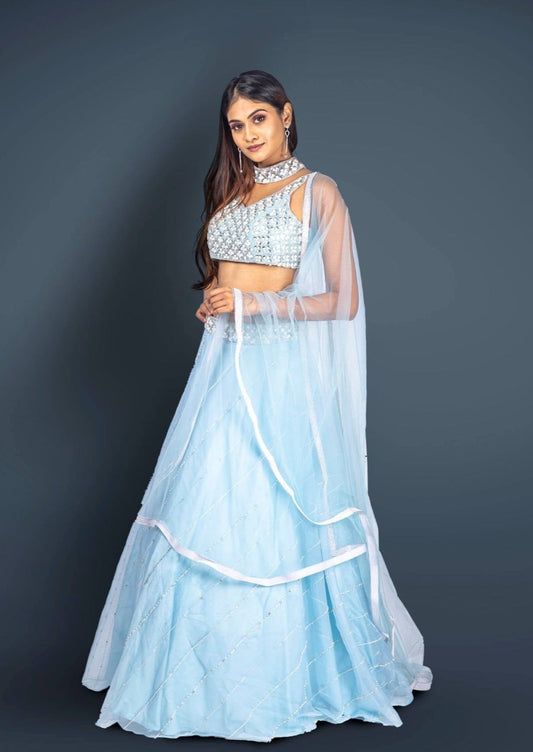 Creamy Blue Lehenga And Crop top Embellished With Pearl And Sali Work