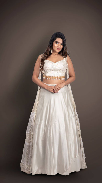White Lehenga And Crop Top In Georgette With Abla Work
