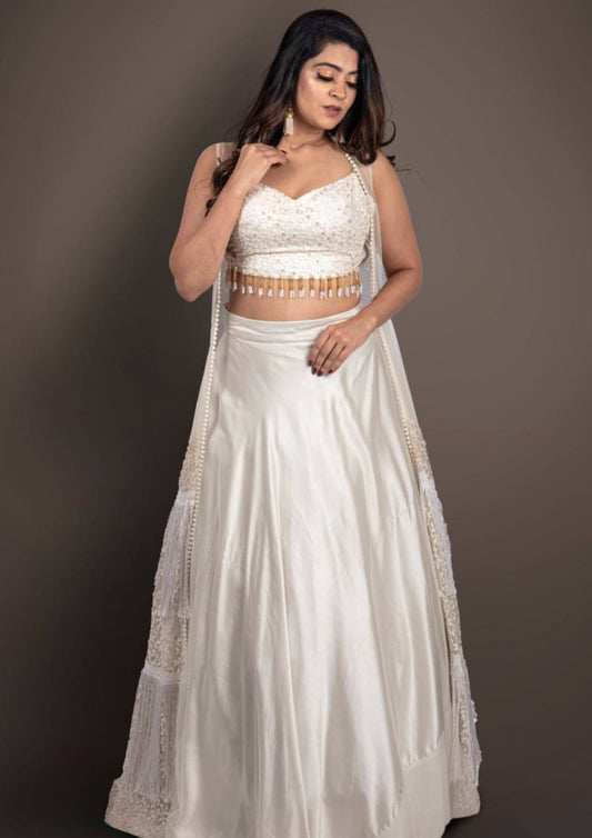White Lehenga And Crop Top In Georgette With Abla Work