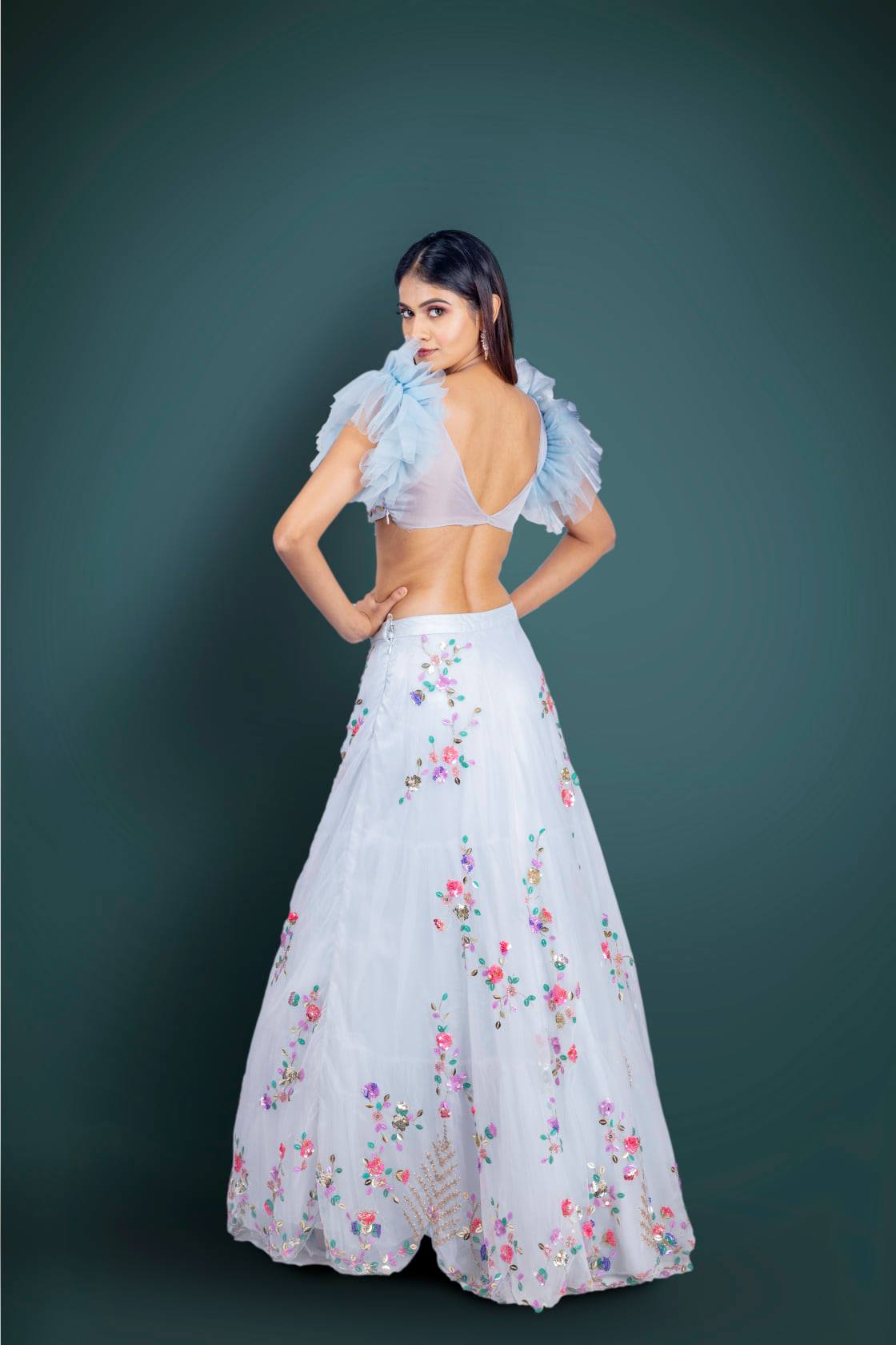 Powder Blue Lehenga And Crop Top With 3D Flower Cluster And A Ruffle Dupatta