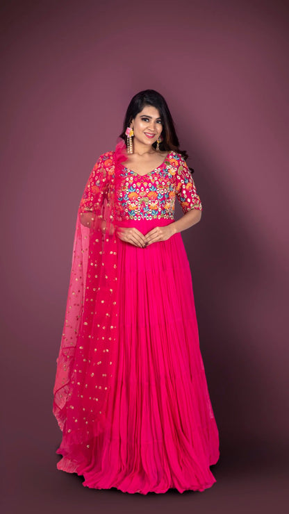Pink Anarkali In Georgette With Vibrant Resham, Mirror And Cutdana Embroidery