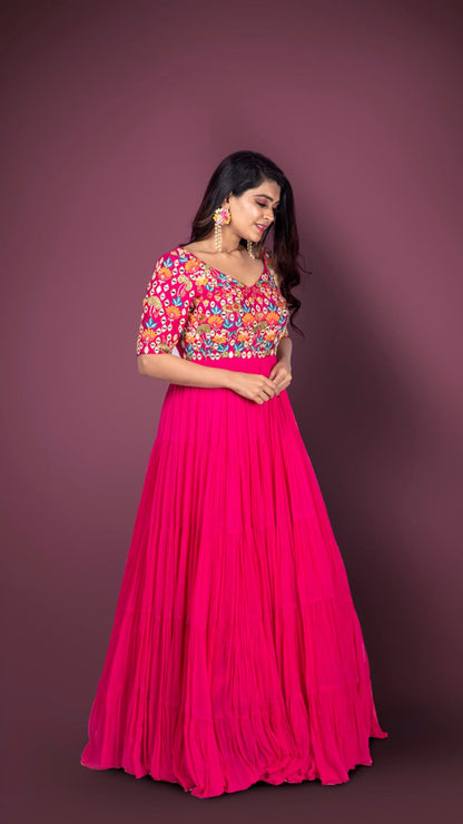 Pink Anarkali In Georgette With Vibrant Resham, Mirror And Cutdana Embroidery